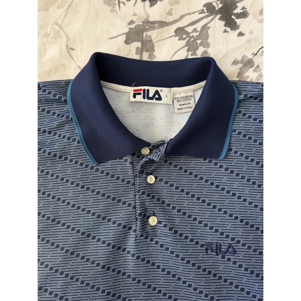 Vintage Fila Polo Shirt Blue F Geometric Cotton Blend Stretch Made In Italy LG